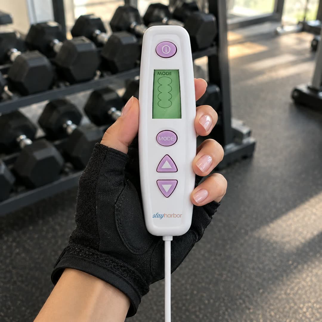 A hand in a lifting glove holding the trainer controller in a gym