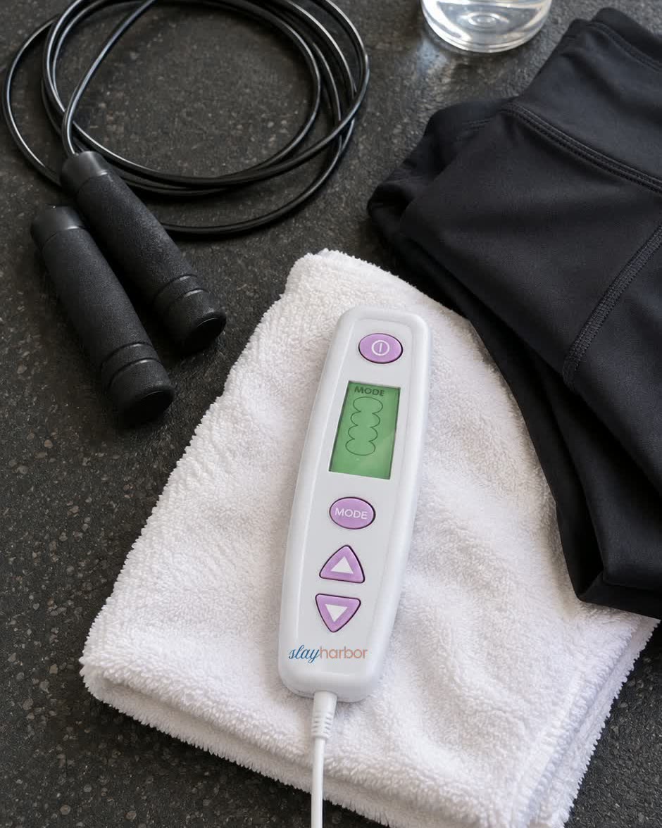 The trainer controller on a gym towel next to a jump rope and leggings
