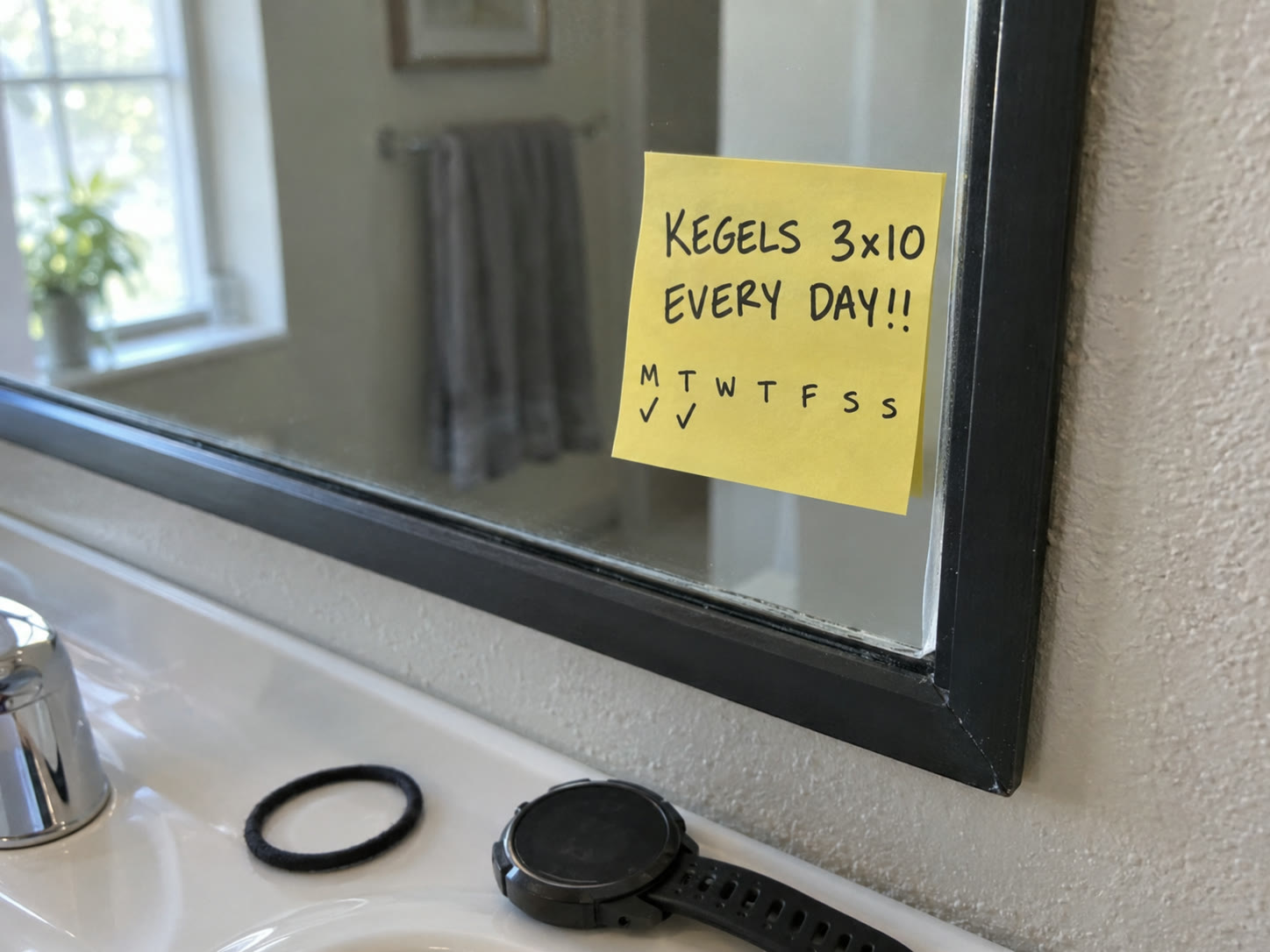A sticky note on a bathroom mirror: Kegels 3x10 every day, ticked Monday and Tuesday only