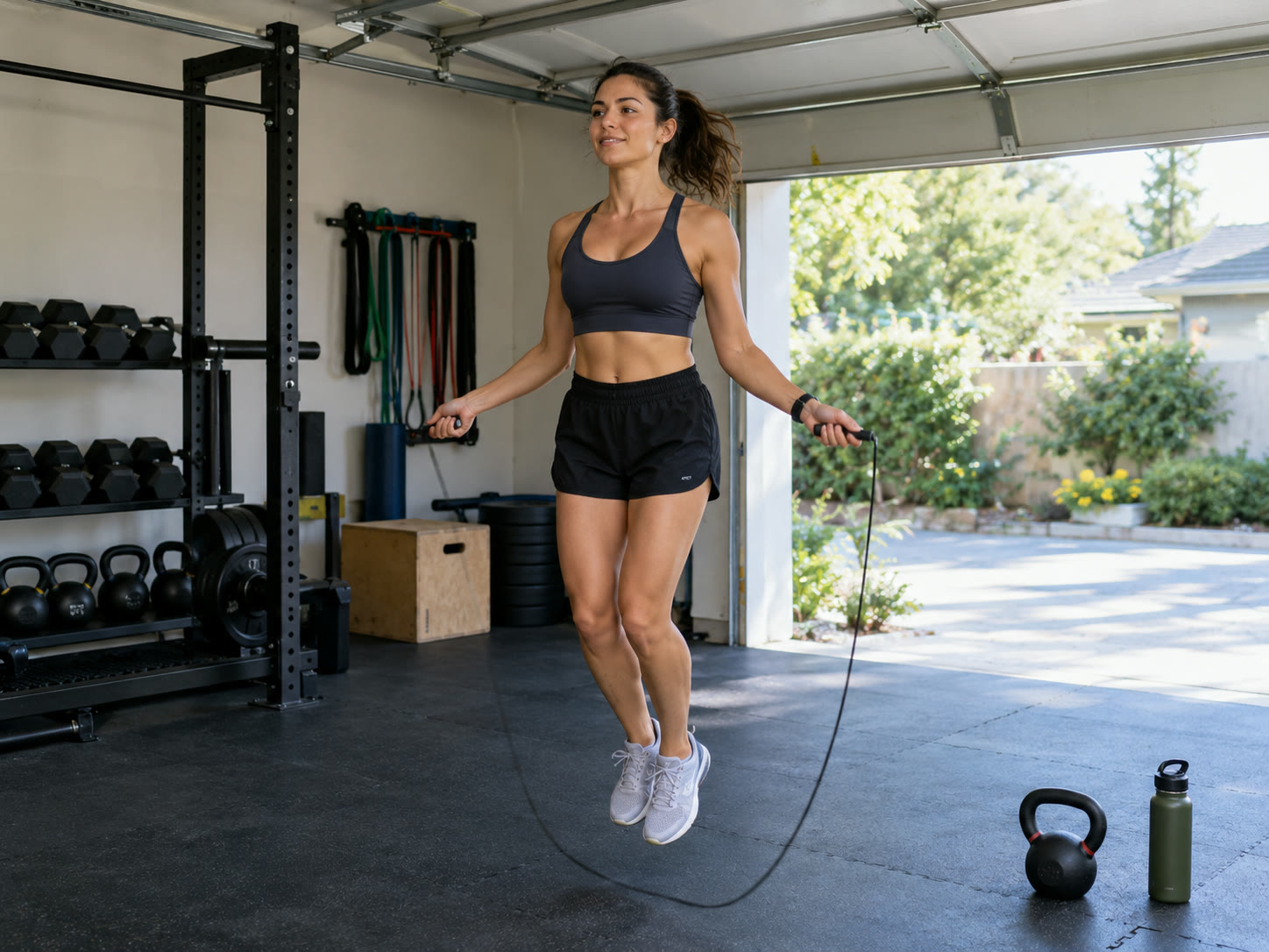 A woman doing jump rope in her garage gym