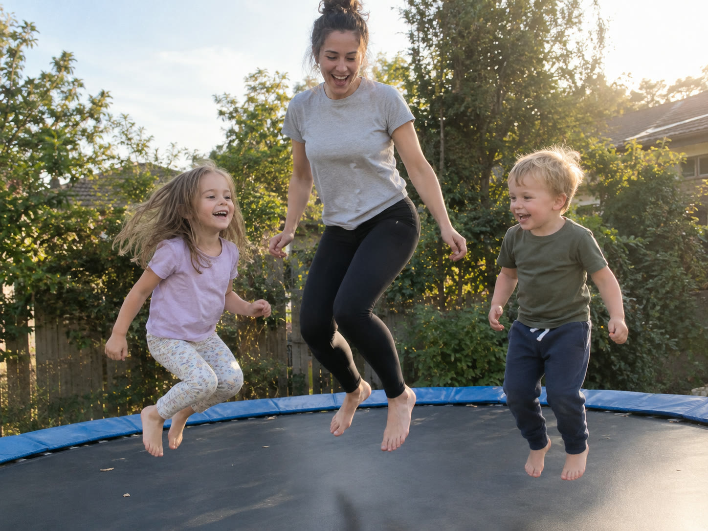A mom jumping on a trampoline with her kids