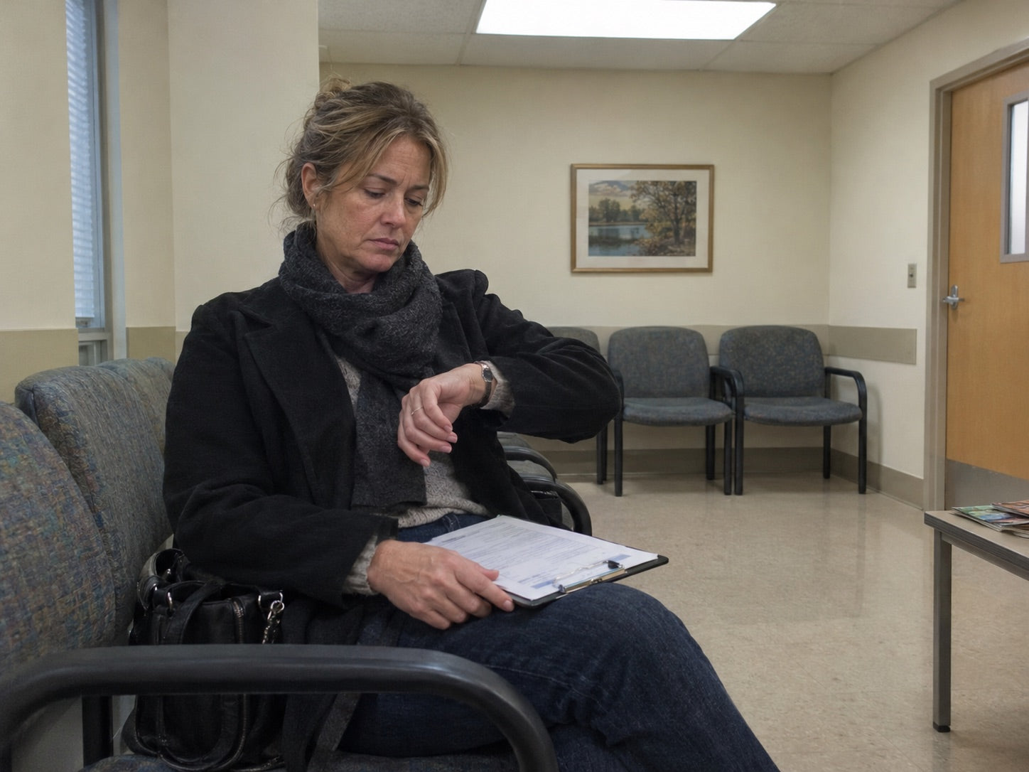 A woman with a clipboard checking her watch in a clinic waiting room