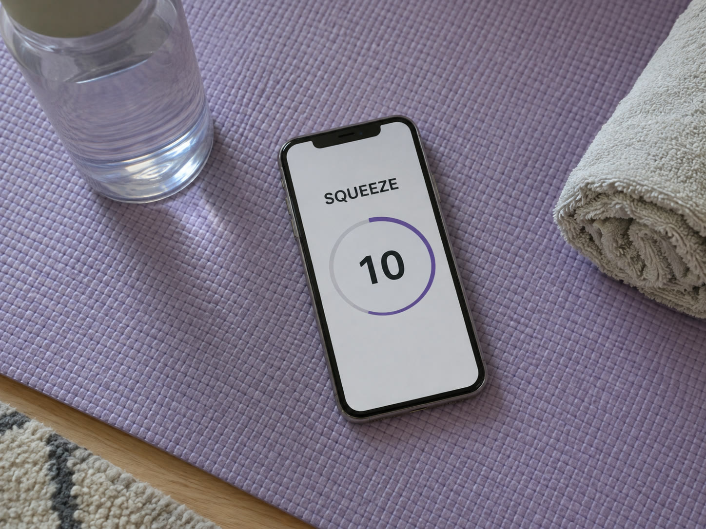 A phone on a yoga mat showing a simple squeeze timer