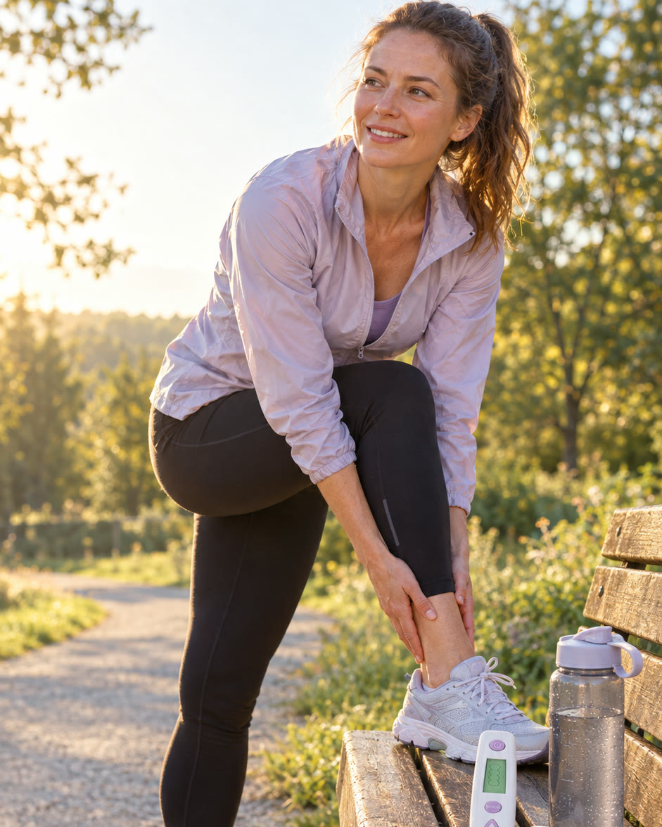 A woman stretching on a park bench after a run, trainer controller on the bench