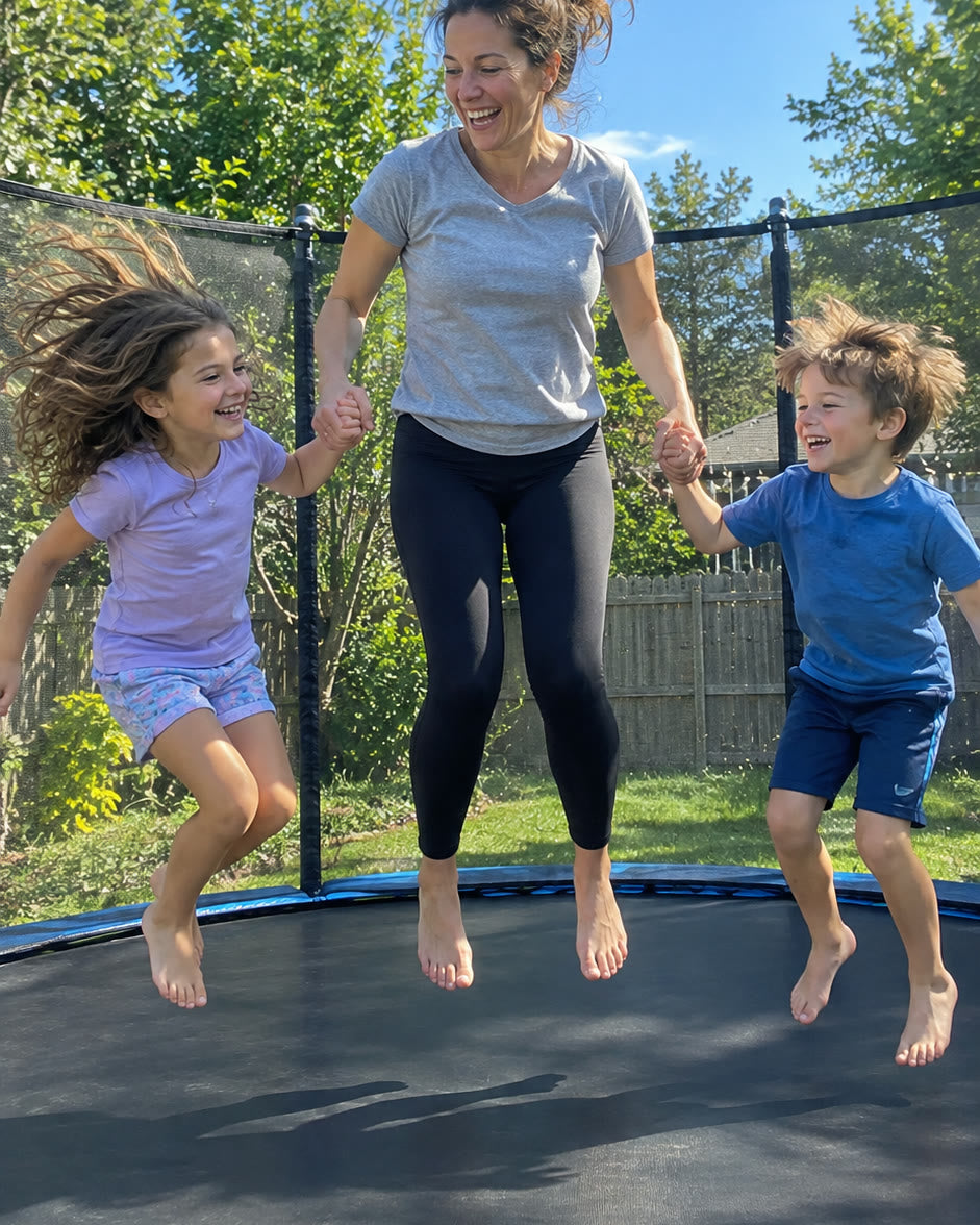 A mom jumping on a backyard trampoline holding hands with her two kids