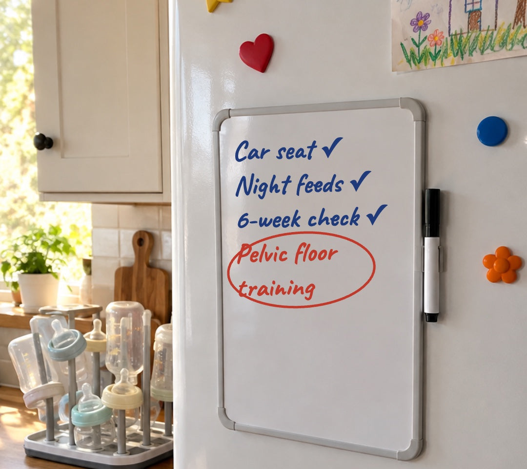 A whiteboard on a fridge: car seat, night feeds, 6-week check ticked off, pelvic floor training circled