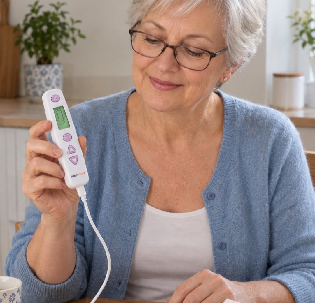 A smiling woman with grey hair and glasses holding the trainer controller at her kitchen table