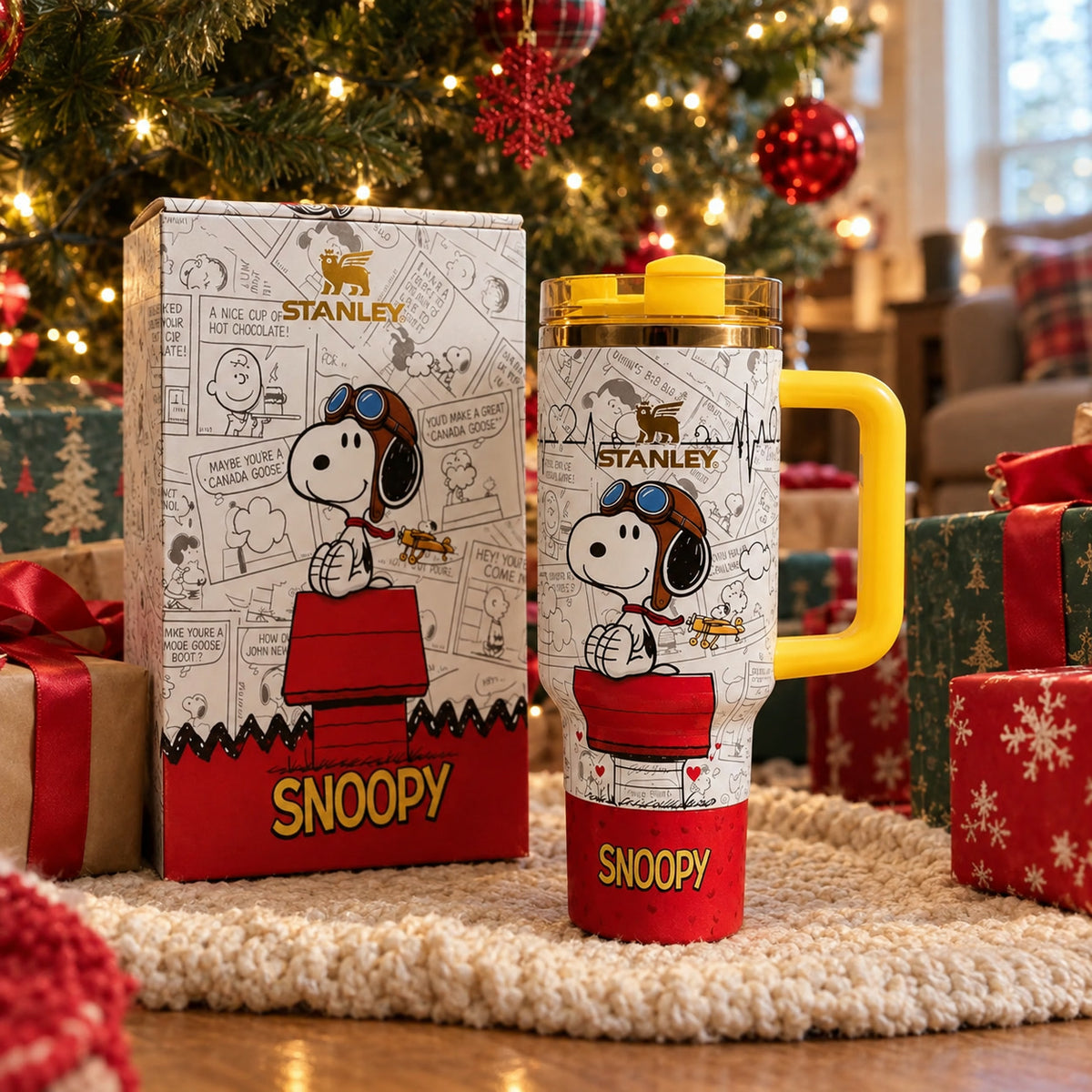 Holiday gift idea: 40oz cartoon print tumbler with its gift box under the Christmas tree