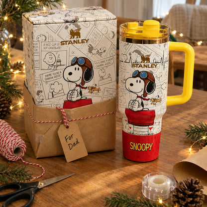 Holiday gift idea: 40oz cartoon print tumbler and its gift box being wrapped
