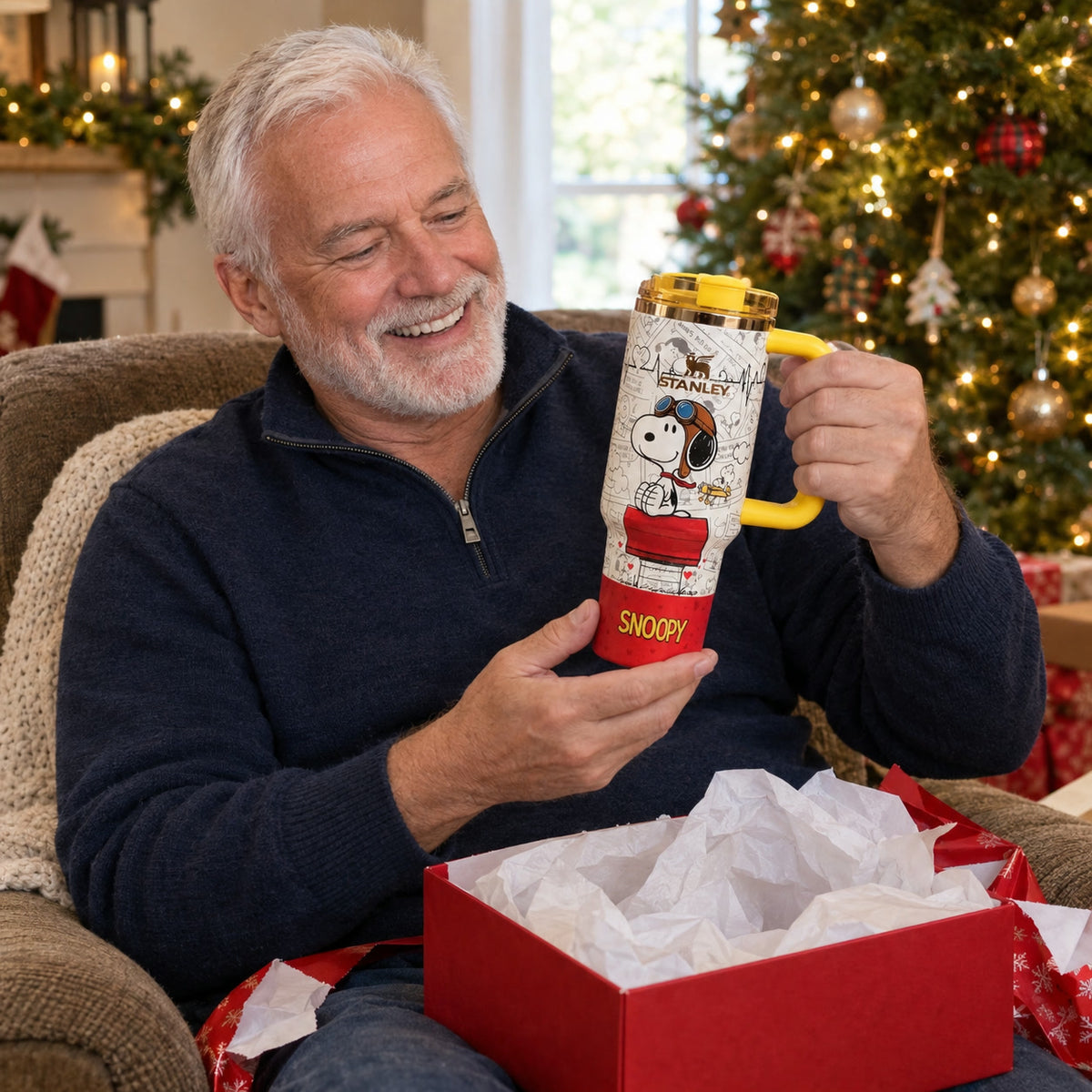Holiday gift idea: opening a 40oz cartoon print tumbler on Christmas morning
