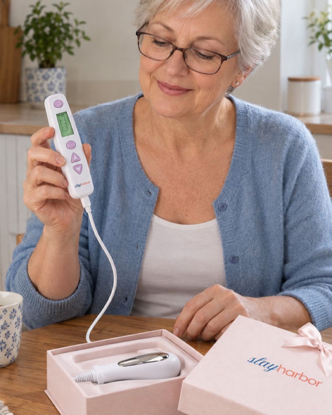 A woman in her sixties at her kitchen table looking at the trainer controller