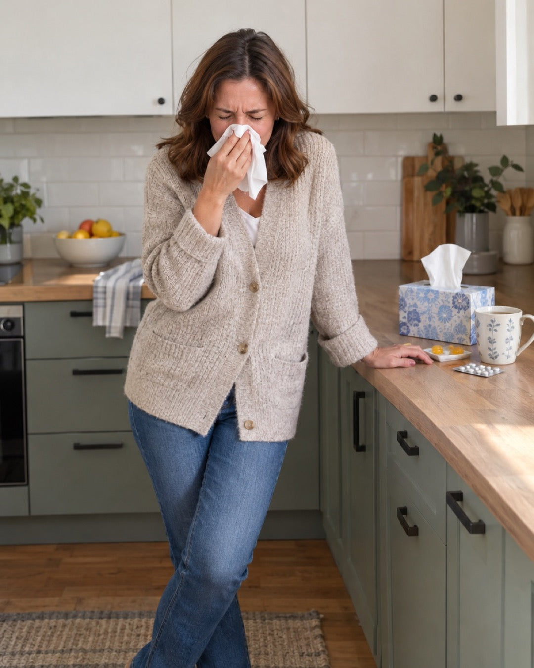 A woman mid-sneeze in her kitchen, tissue to her nose, legs crossed