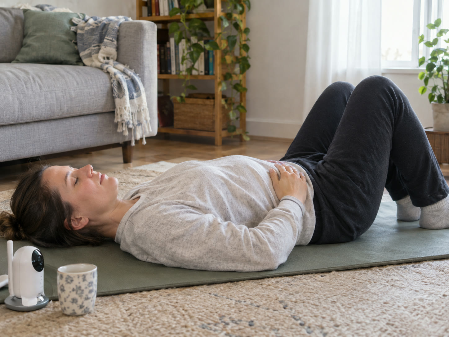 A woman lying on a yoga mat at home