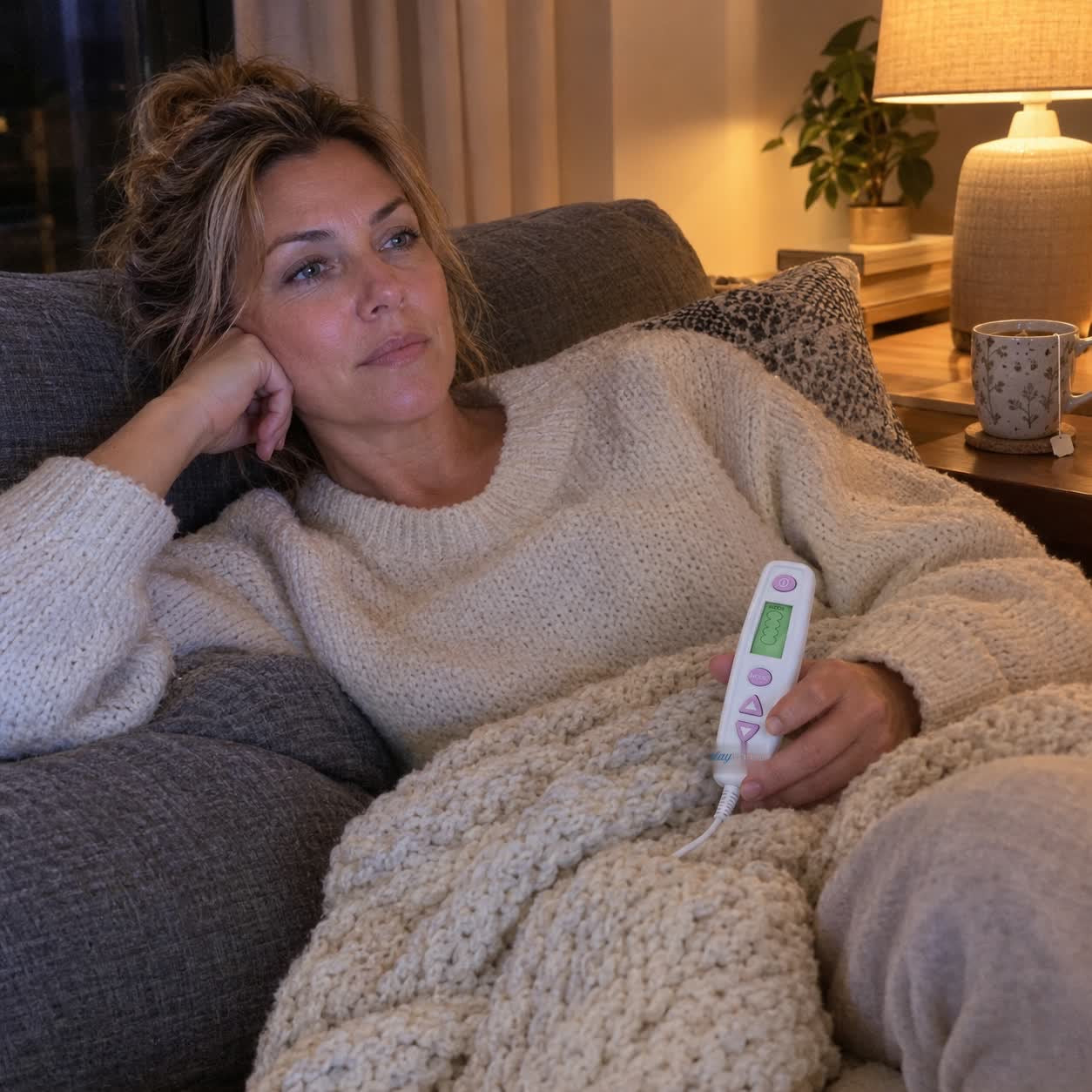 A woman reclined on her sofa under a blanket in the evening, TV on, trainer controller in hand