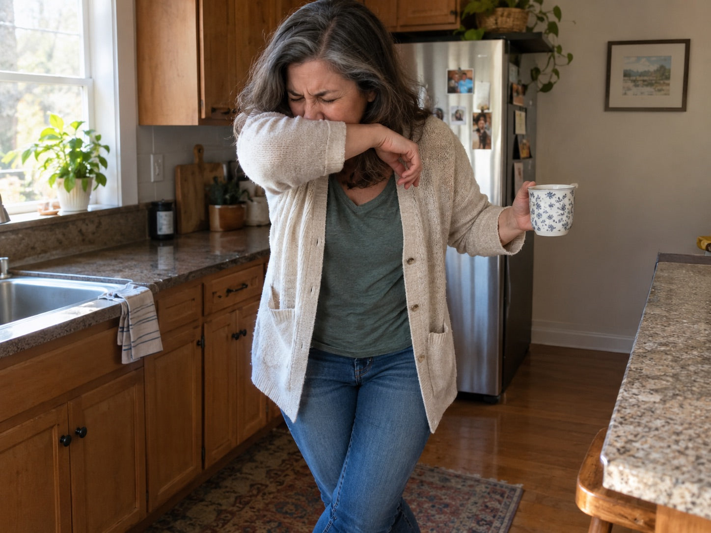 A woman sneezing into her elbow in her kitchen, legs crossed, holding her coffee out to the side