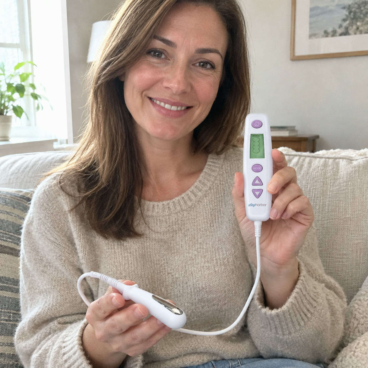 A woman holding the pelvic floor trainer